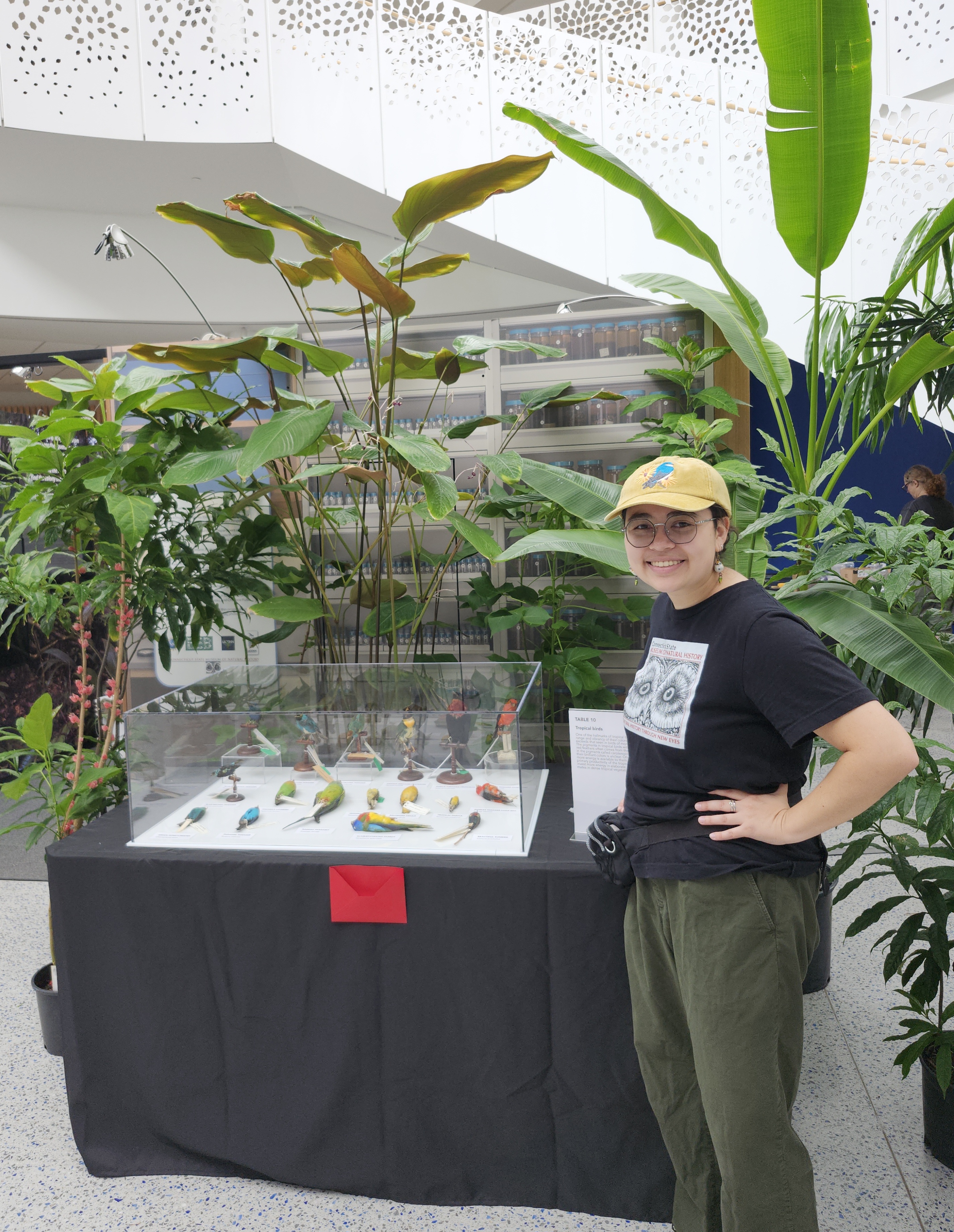 Photograph of a person standing next to a tropical bird display.